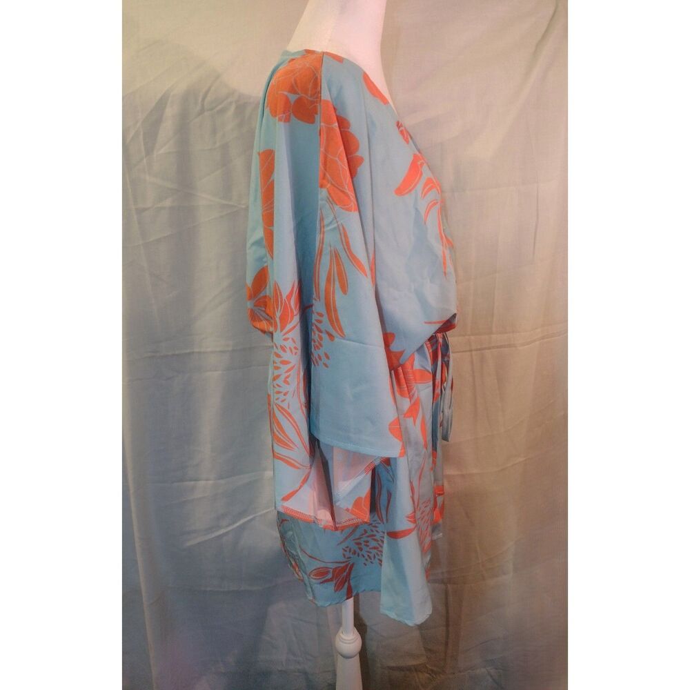 Blue Orange Floral Kimono Dress Size L V-Neck Button Front Tie Waist - Picture 4 of 8